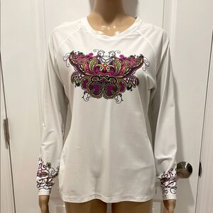 ATHLETA Women's White Long Sleeve Top with Pink and Green Design size L